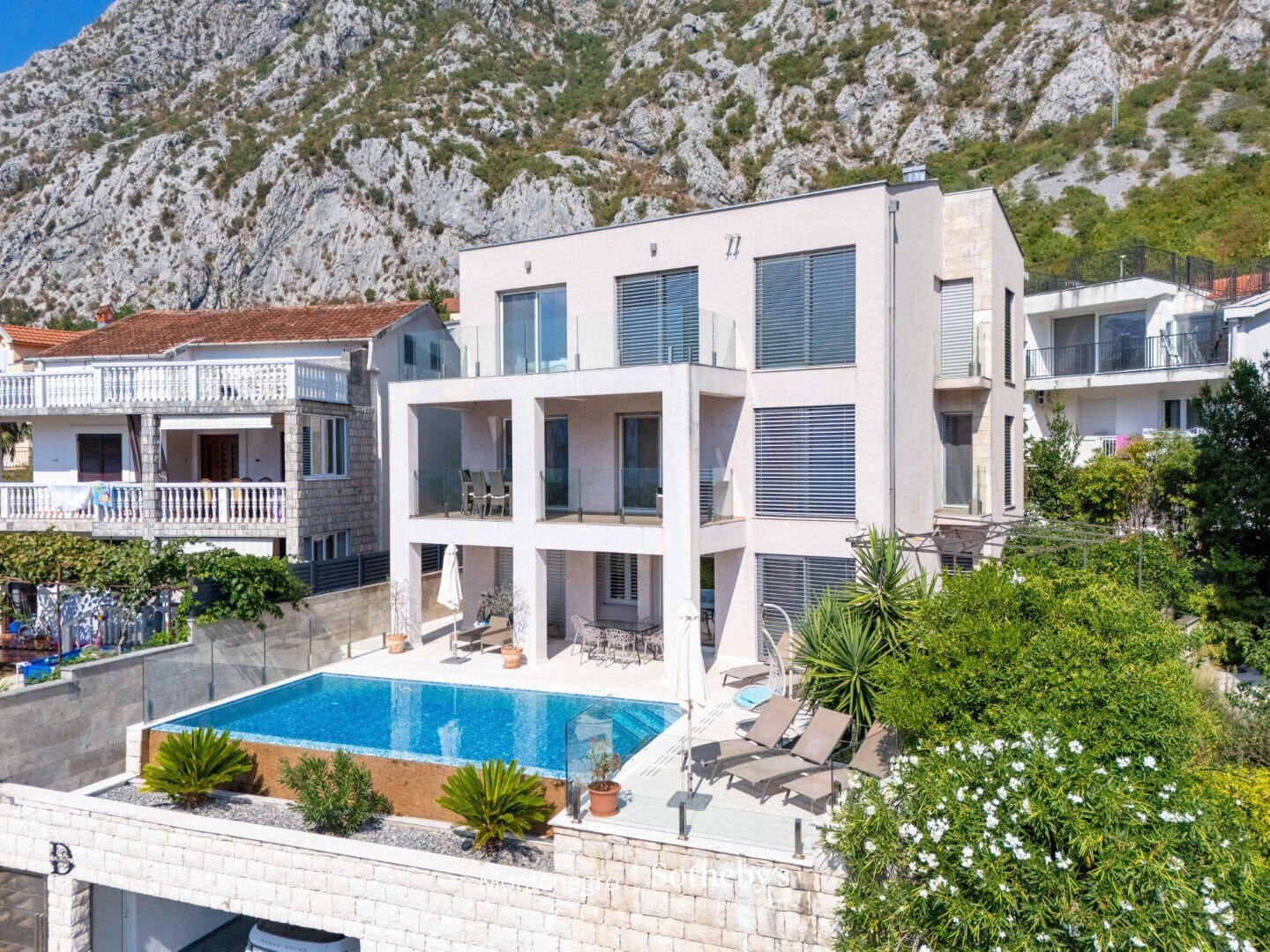 Luxury real estate Montenegro modern villa with pool and mountain view.