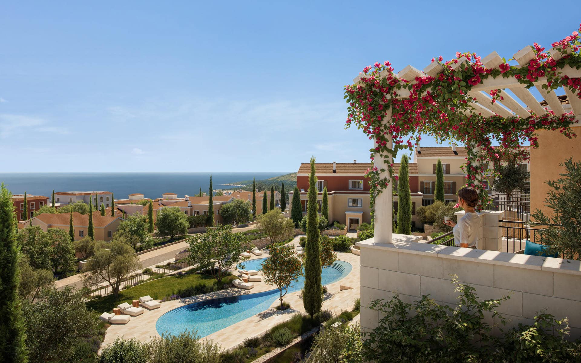 Golf apartment: Furnished spacious studio apartment with private yard available in a new Luštica Bay Heights Residences.