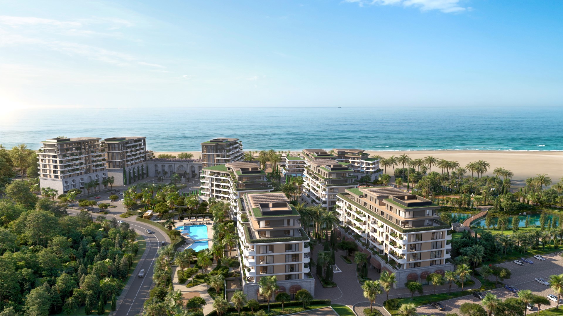 Luxurious beachfront apartments and villas in Montenegro with stunning sea views and lush tropical landscaping.