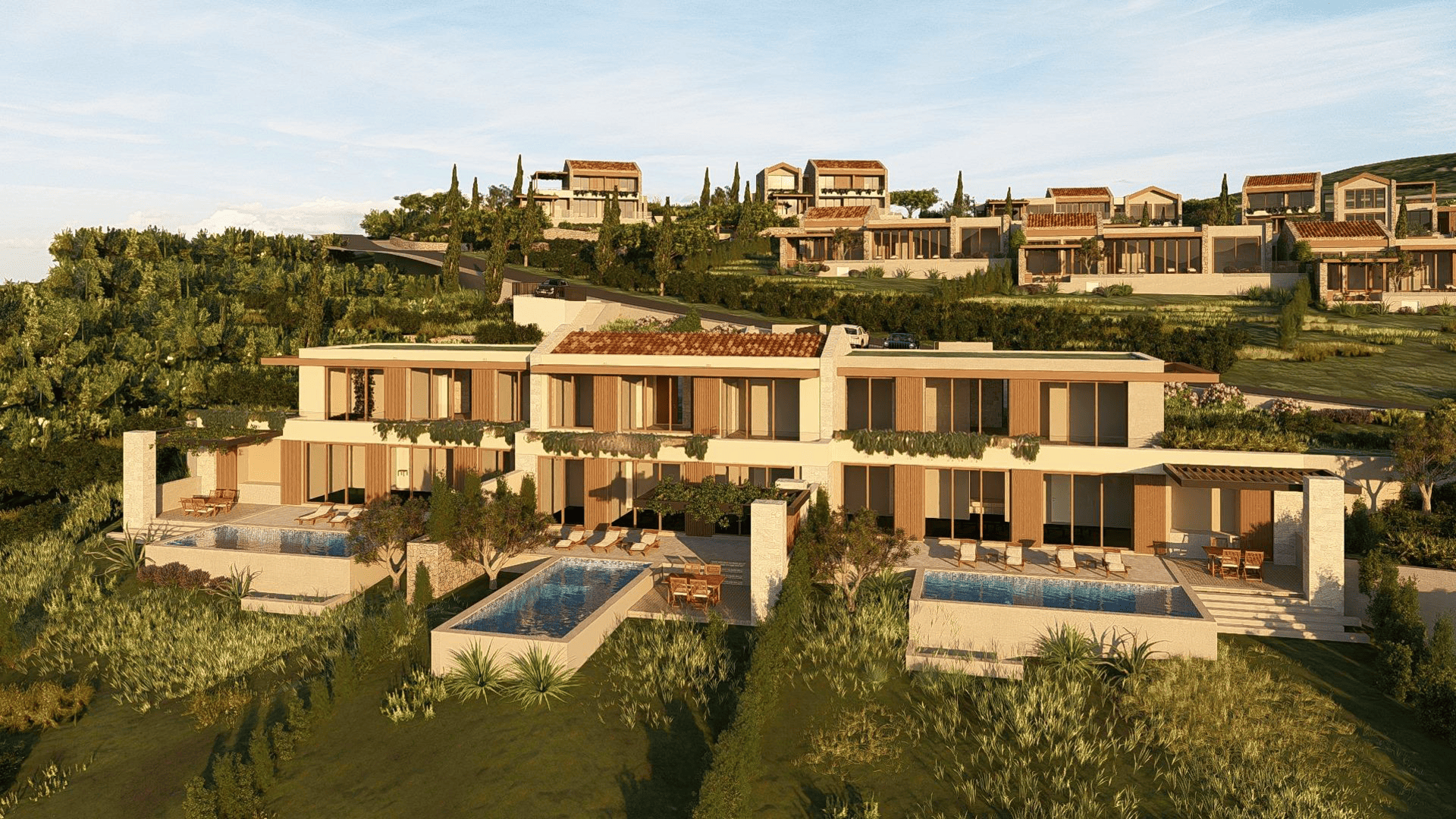 Luxury real estate Montenegro - Modern townhouses with pools in Lustica Bay, offering stunning views and premium amenities.