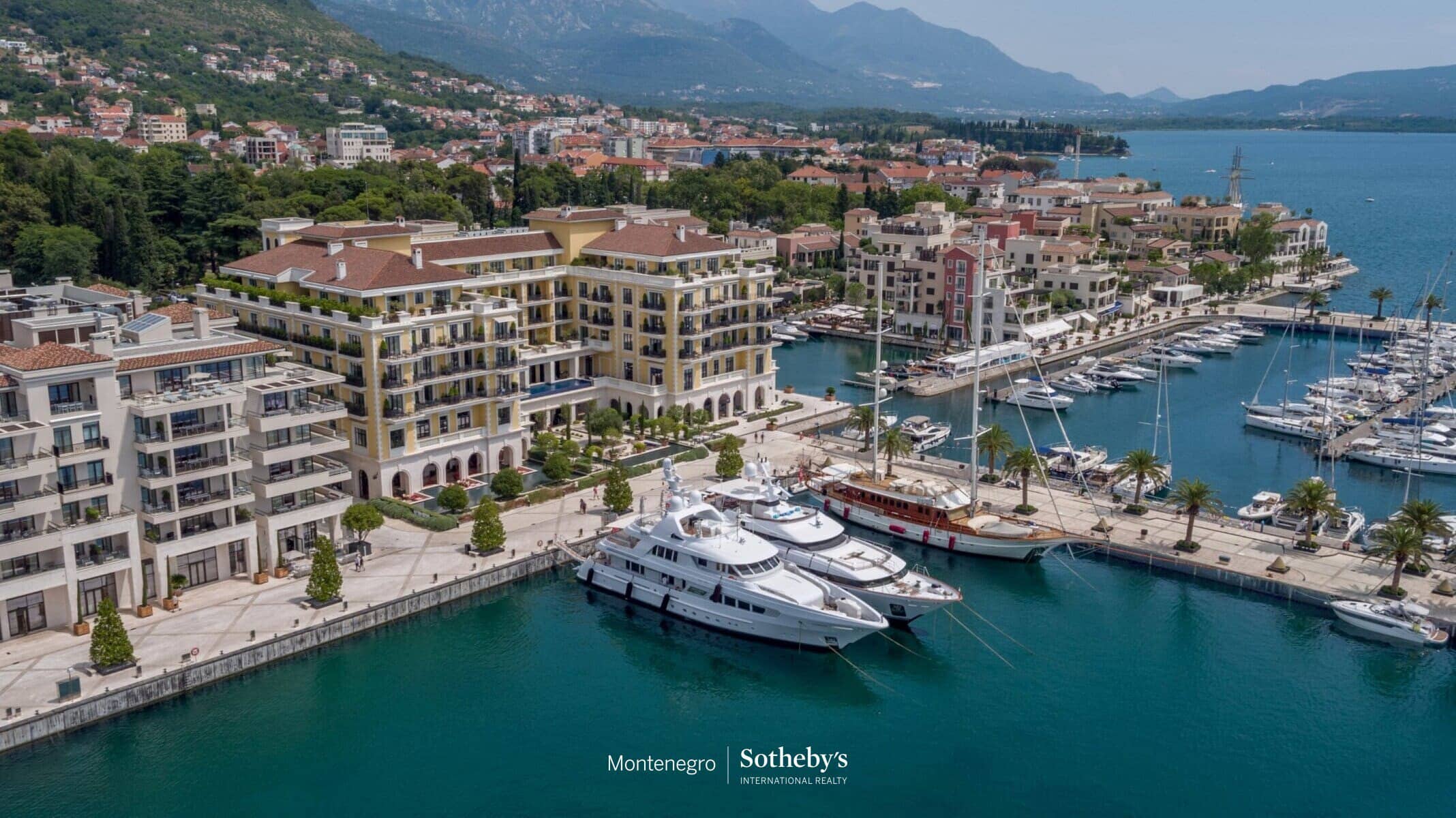 Luxury real estate Montenegro with modern apartments and marina views.
